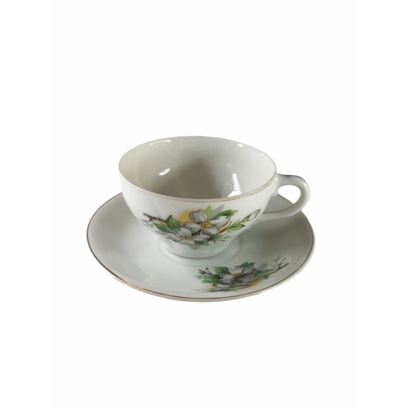 Other - Vintage Japan Dogwood Floral Tea Cup & Saucer Set White Gold Trim Porcelain Rare